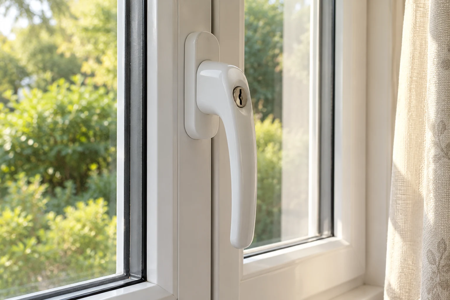 White locking window handle beside a softly lit garden window